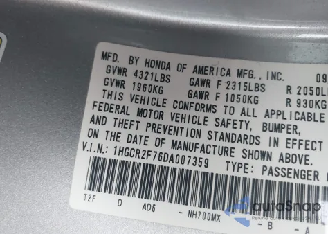 2013 Honda Accord Ex from USA, damaged, VIN 1HGCR2F76DA007359